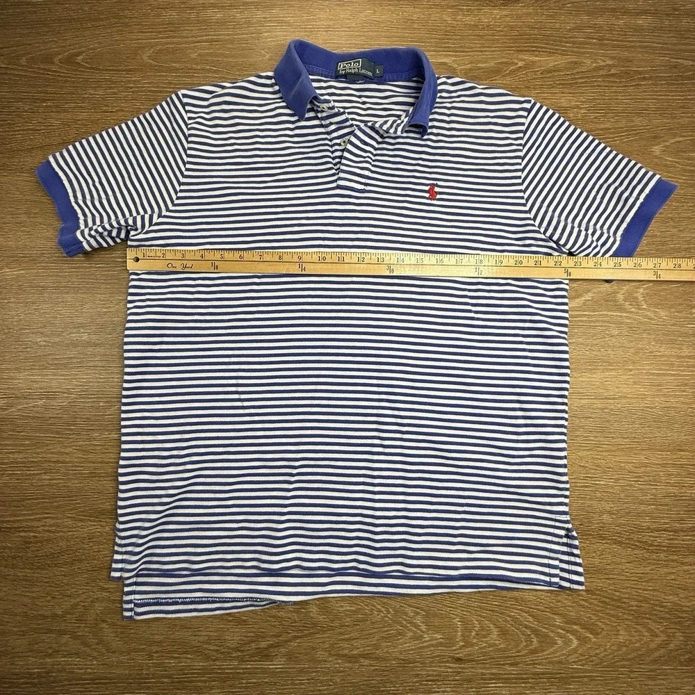 Polo Ralph Lauren Men's L Blue White Striped Polo Shirt Red Pony Cotton Preppy